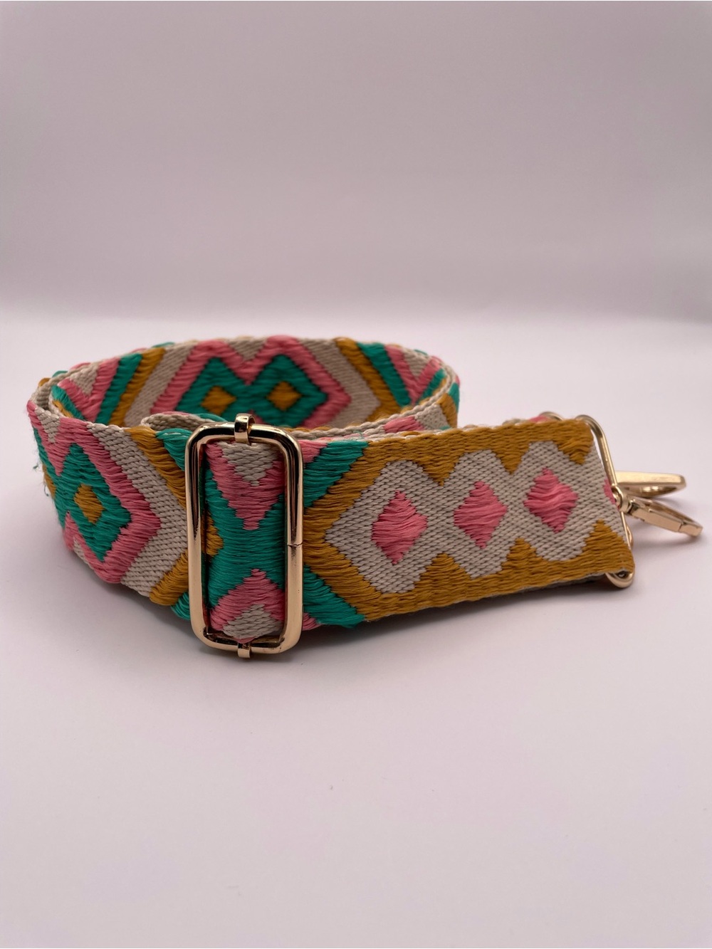 Adjustable Woven Strap in Pink, Teal & Mustard Geometric Crossbody Strap Guitar
